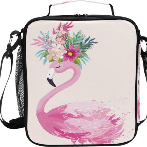 ALAZA Lonchera con diseño de flores de flamenco para niñas y niños, bolsa de almuerzo reutilizable, kit de bolsa de almuerzo congelable, correa para ALAZA Lonchera con diseño de flores de flamenco para niñas y niños, bolsa de almuerzo reutilizable, kit de bolsa de almuerzo congelable, correa para