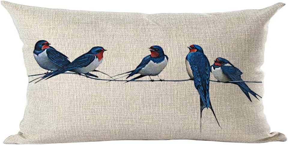 Ramirar Funda decorativa de almohada lumbar decorativa con diseño de acuarela, diseño de pájaros azules, para el hogar, sala de estar, cama, sofá,