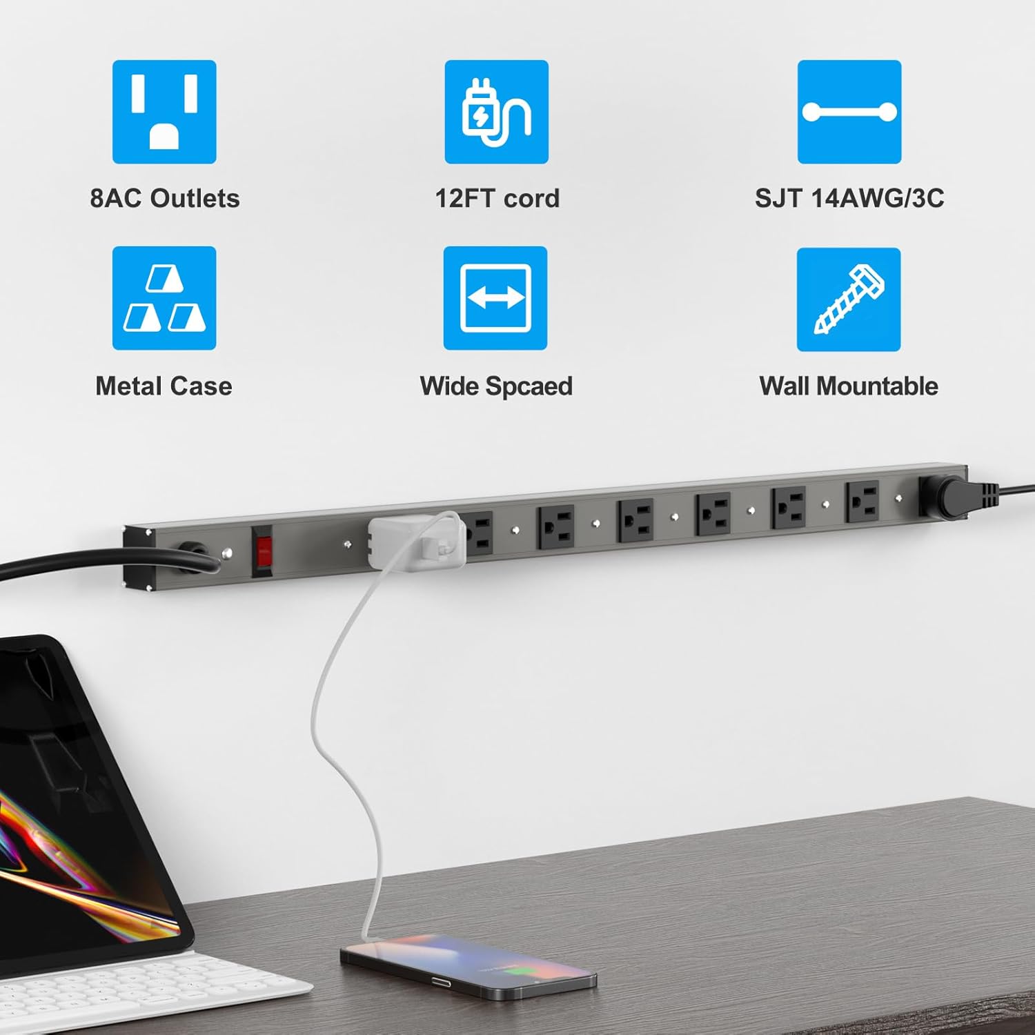 Oviitech Tira de alimentación de enchufe de metal de 8 tomas, tira de alimentación de enchufe de metal de aleación de aluminio, con cable de