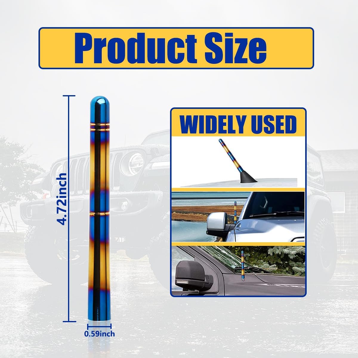 Kewucn Antena de radio corta para automóvil, 4.7 pulgadas, superficie pulida de aluminio azul horneado, mástil de antena automática, antena de radio
