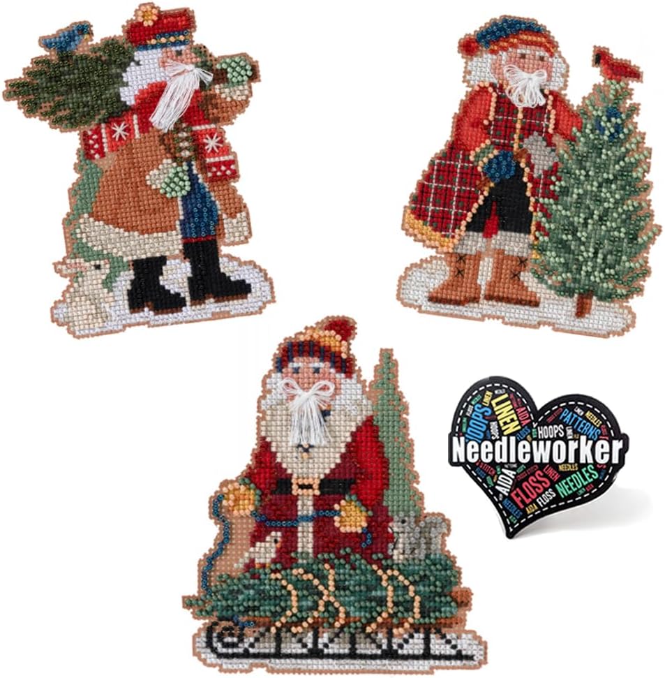 Mill Hill Timberline Santa Set (2022) Juego de 3 kits de punto de cruz con cuentas que incluyen pino escocés, abeto Douglas y Papá Noel de abeto