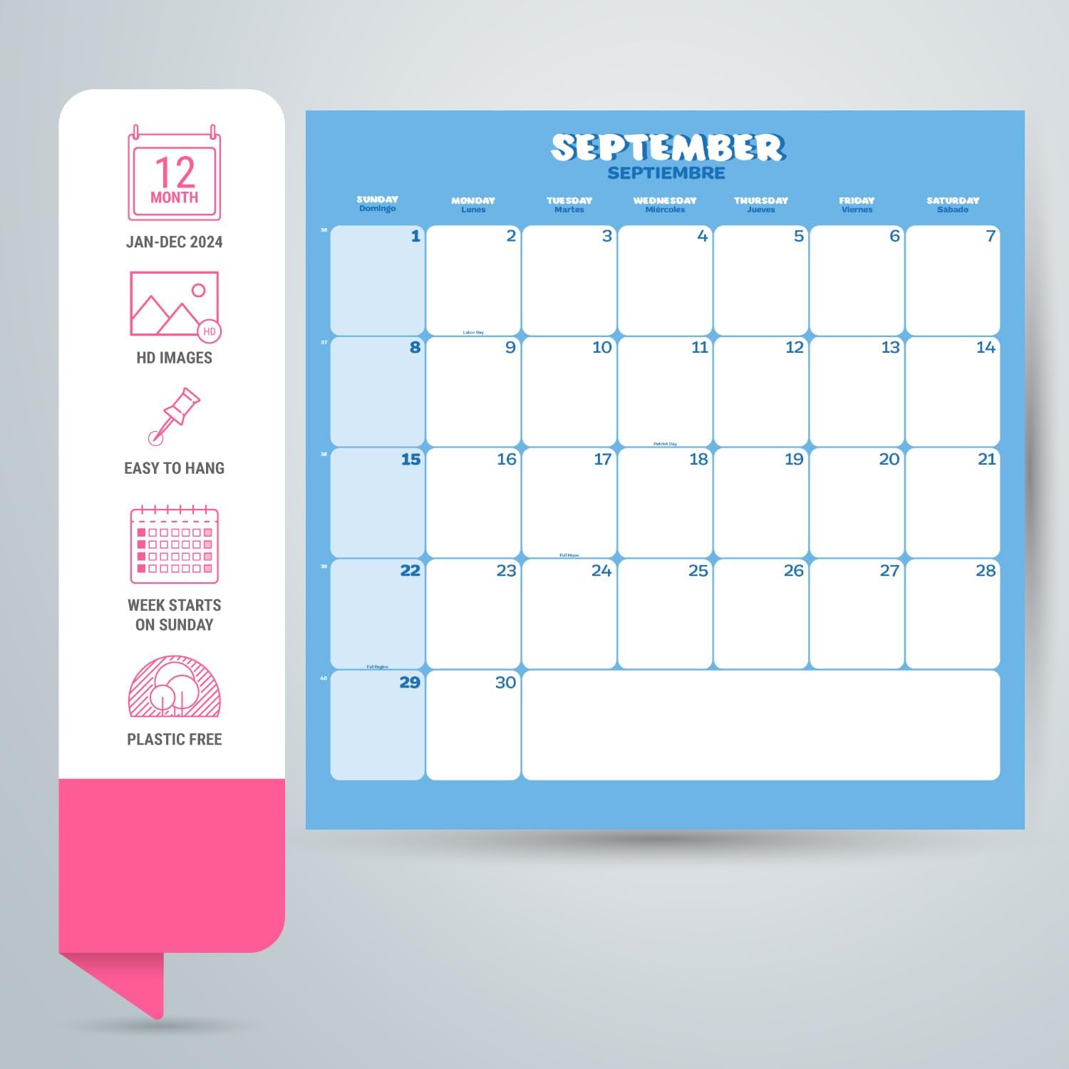 Calendario de pared de gatos 2024 de 12 x 12 pulgadas, libre de plástico FSC, comienza la semana el domingo, planificador de 12 meses, calendario de