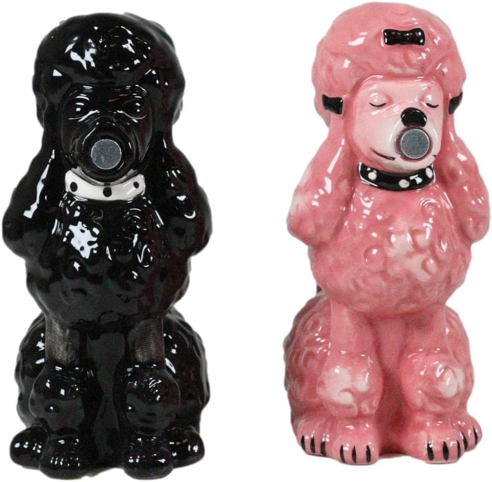 Ebros Gift Chien Canne – Juego de figuras de cerámica para perros de alta moda, color negro y rosa, salero y pimentero, 4 pulgadas de alto, para