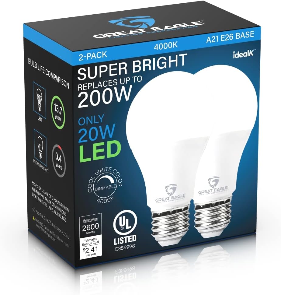 Great Eagle – Bombilla LED A21 de 200 W, intensidad regulable , 2DA21ED2340A