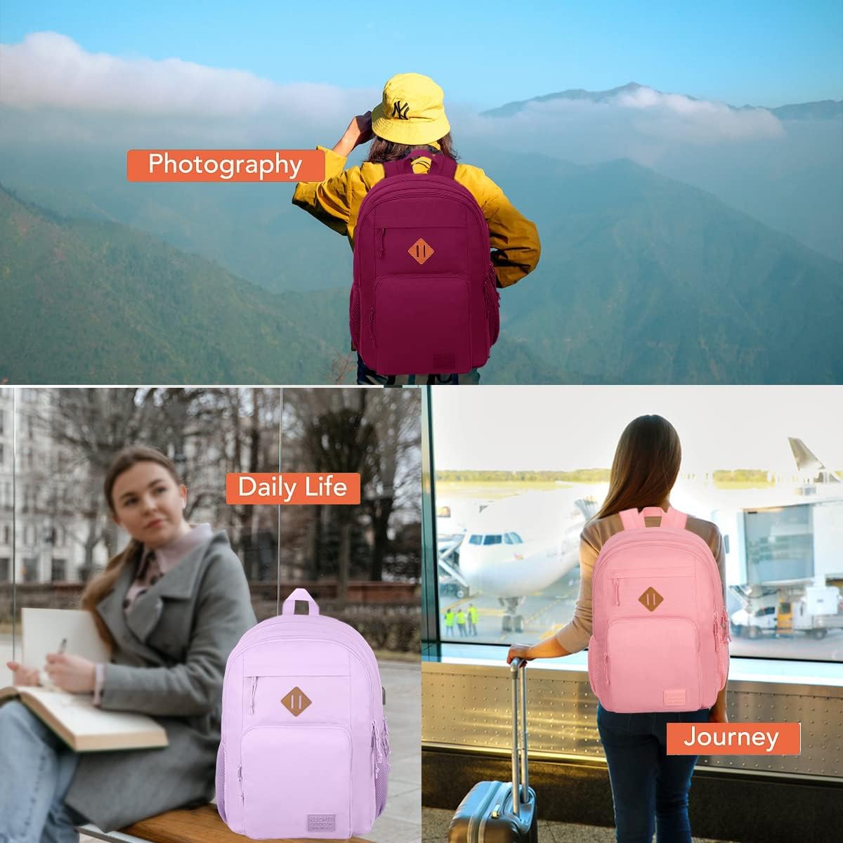 Mochila de viaje clásica de mano para hombres y mujeres, mochila antirrobo para computadora portátil con puerto de carga USB, Púrpura, Mochilas de