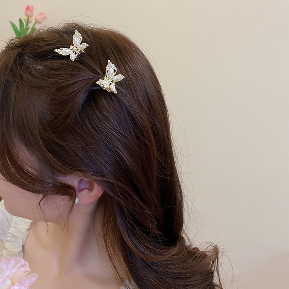 4 pinzas para el pelo de mariposa con diamantes de imitación de cristal, color dorado y plateado con perlas de mariposa, pinzas pequeñas de metal