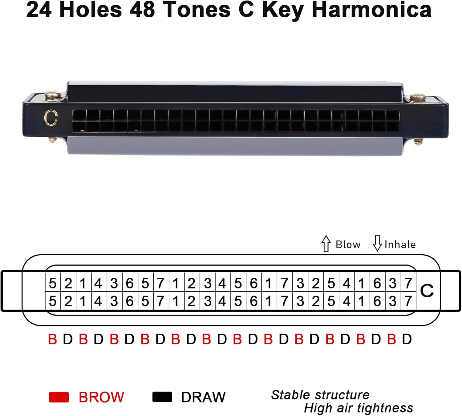 Soulmate Armónica de 24 agujeros C Key Blues Armónica con estuche, armónica de órgano de boca para principiantes con estuche para niños, adultos,