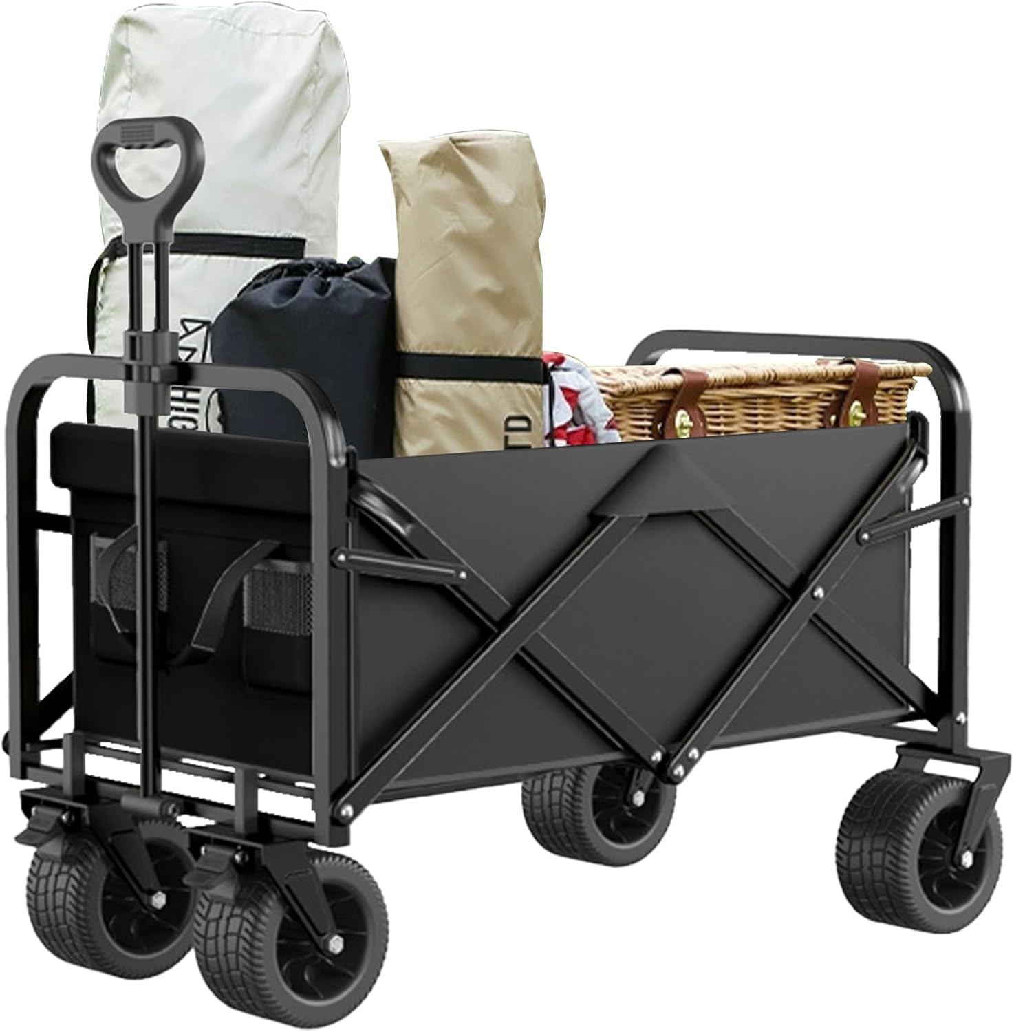 QivvMivo Carro plegable plegable de 330 libras, carrito de playa resistente para arena con ruedas grandes, mango ajustable y soportes para bebidas