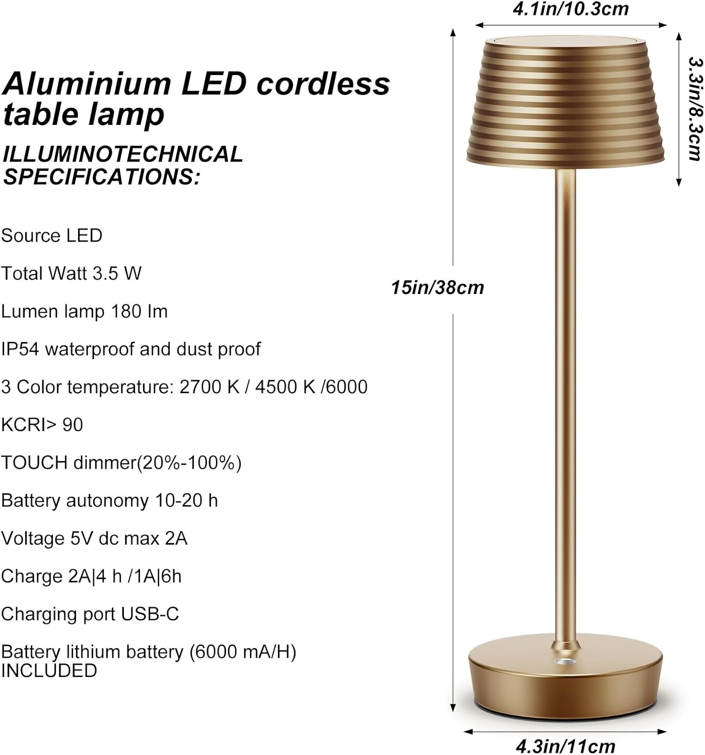 SAKRINGT Lámparas de mesa inalámbricas recargables, luz LED de mesa para exteriores, funciona con batería de 6000 mAh, 3 colores de temperatura,