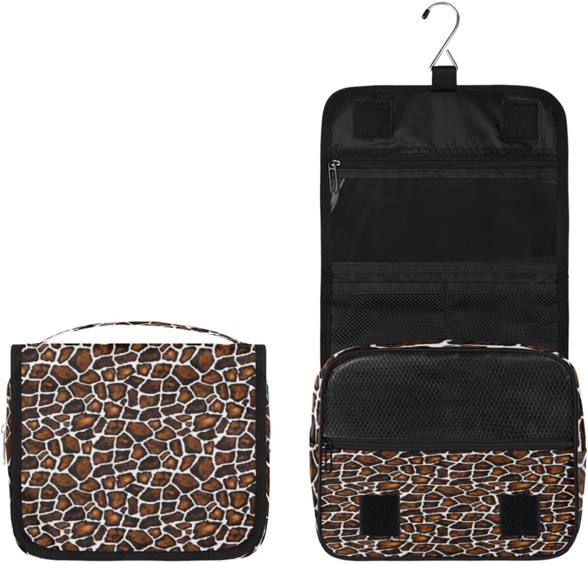 Neceser vintage de piel de jirafa para mujer, organizador de maquillaje de viaje con gancho para colgar, bolsas de cosméticos de viaje para