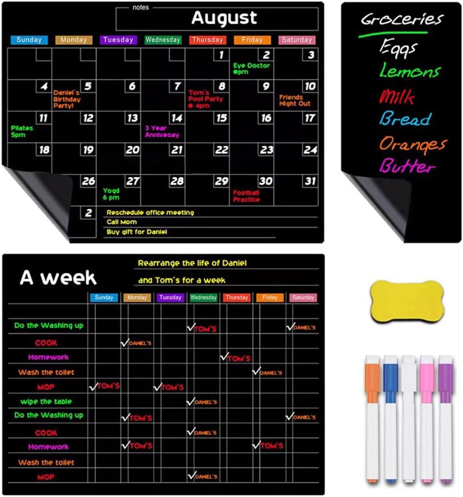 Magnetic Calendar for Fridge,3 Boards Fridge Calendar Dry Erase Set,Magnetic Monthly and Memo for Refrigerator,Markers and Big Eraser with Magnets