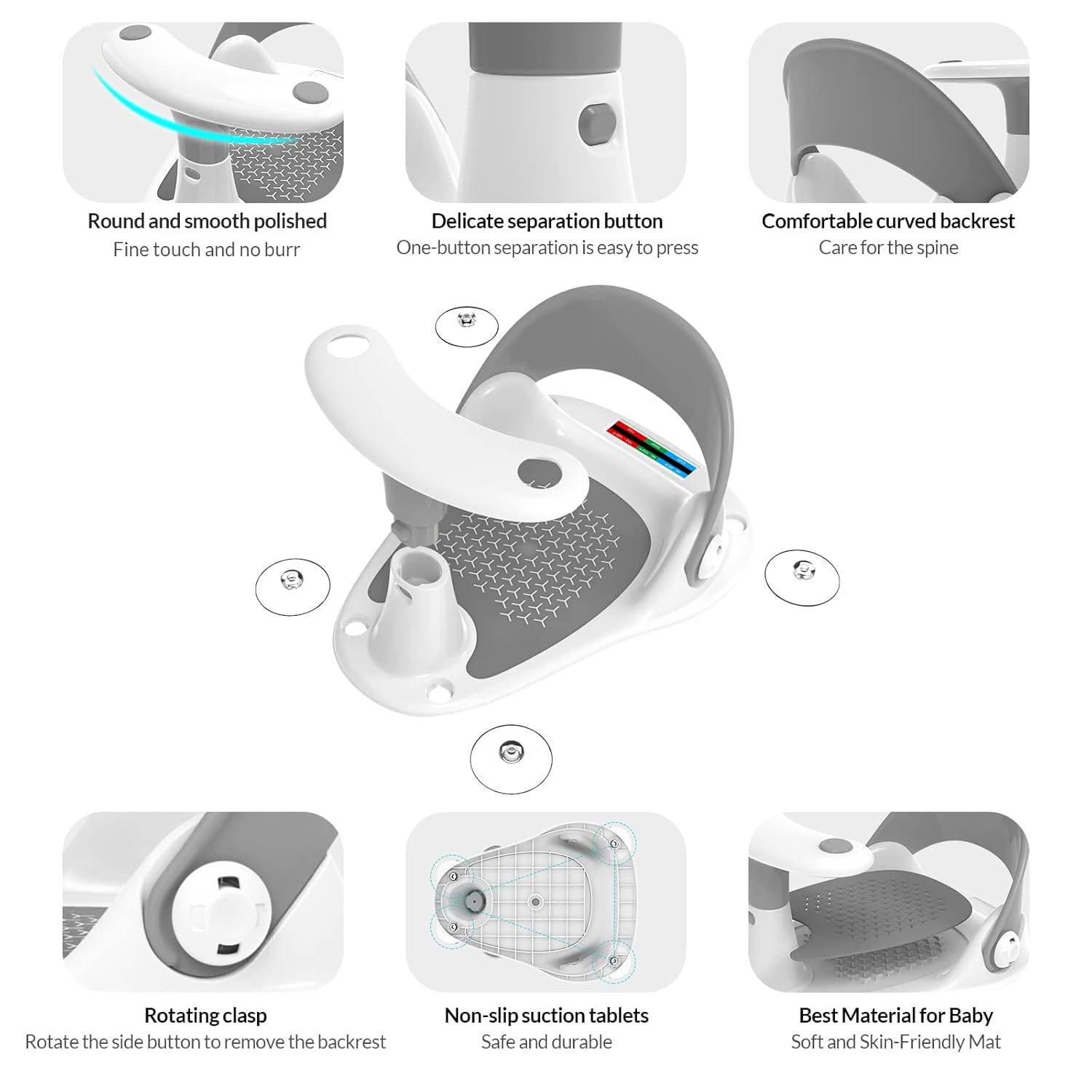 Asiento de baño infantil con termómetro, ventosas, juguetes, silla de baño para bebés de 6 meses en adelante