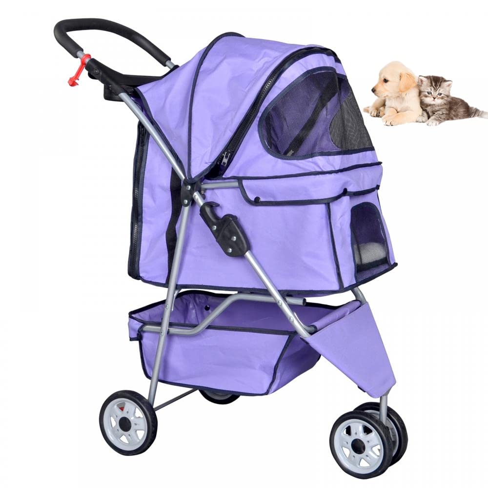 FLL Cochecito para perros y gatos con cesta de almacenamiento, plegable, ligero, para gatos, suave y fácil de caminar, para perros y gatos medianos