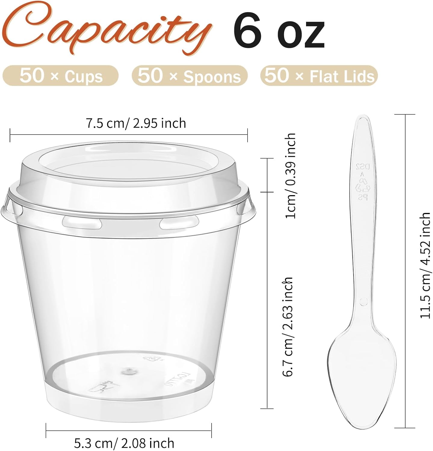 Qeirudu Paquete de 50 vasos de plástico de 6 onzas con tapas para postres, mini tazas de postre con cucharas, tazas redondas para servir yogur,