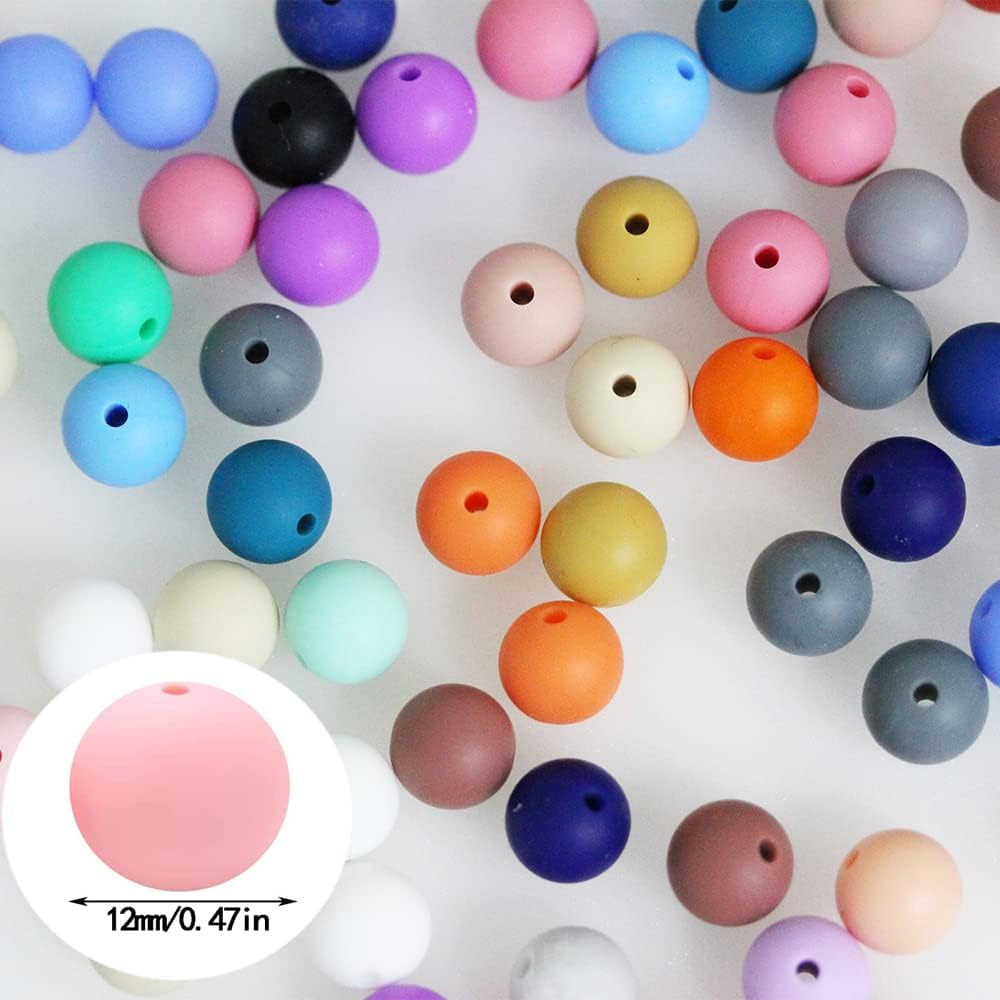BetterJonny – 120 cuentas de silicona, 24 colores, cuentas sueltas con caja de almacenamiento de 0.472 pulgadas, cuentas redondas de silicona
