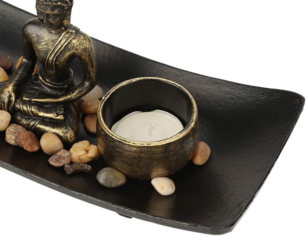 Juego de velas de Buda con Buda de resina, soporte de candelita de cristal, barra de incienso y soporte, piedras decorativas para decoración del
