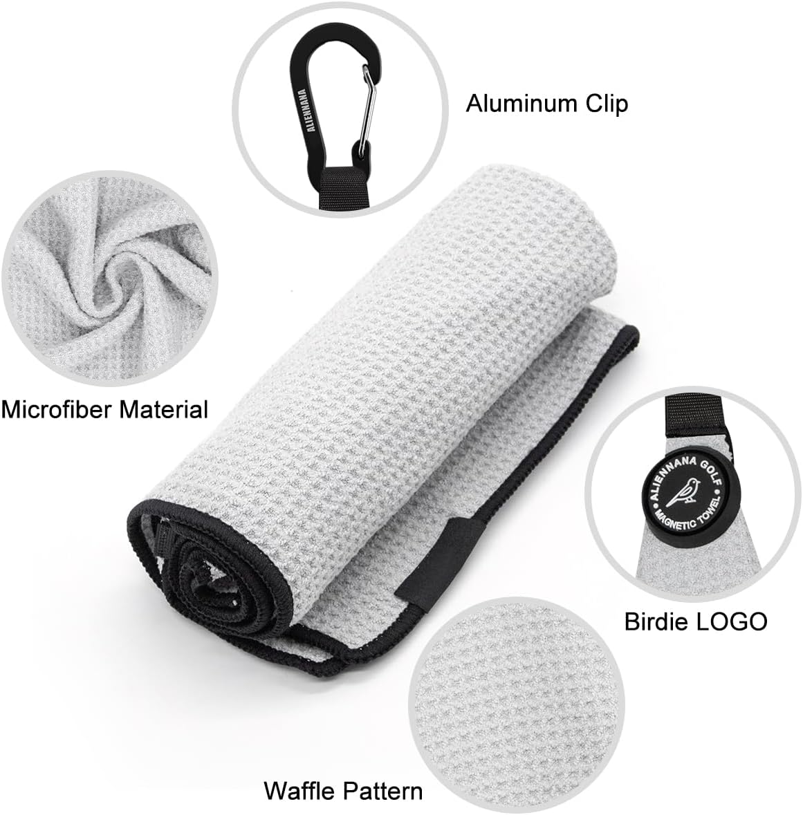 Aliennana Toalla de golf magnética, diseño de gofre de microfibra con clip, imán de fuerza industrial para un fuerte agarre a bolsas de golf,