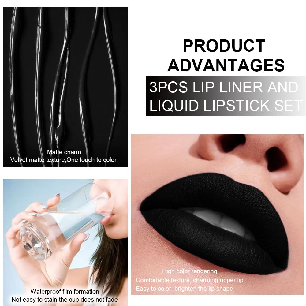 evpct Juego de 3 delineadores de labios color azul oscuro, negro y morado mate, lápiz labial líquido, brillo de labios, a prueba de manchas, 24