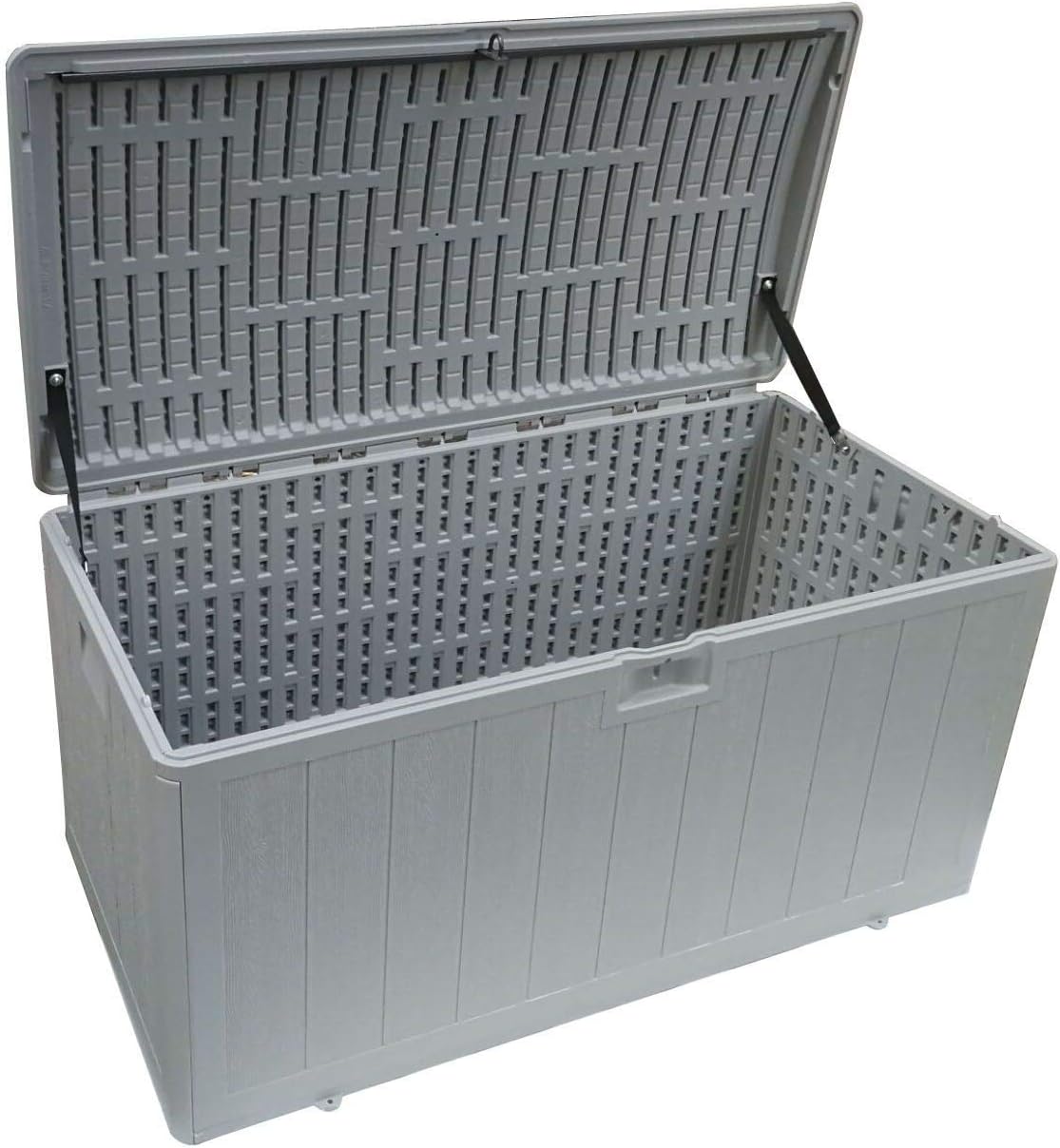 Plastic Development Group Caja de almacenamiento de resina resistente a la intemperie de 73 galones con montaje deslizante y a presión, madera