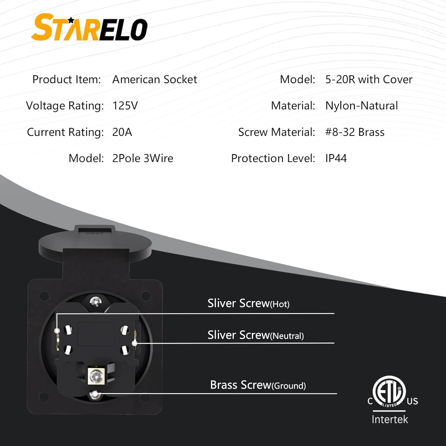 STARELO Receptáculo de 20 amperios para generador NEMA 5-20R con cubierta, 125 voltios, 2 polos, 3 cables, resistente a la intemperie, al polvo y a