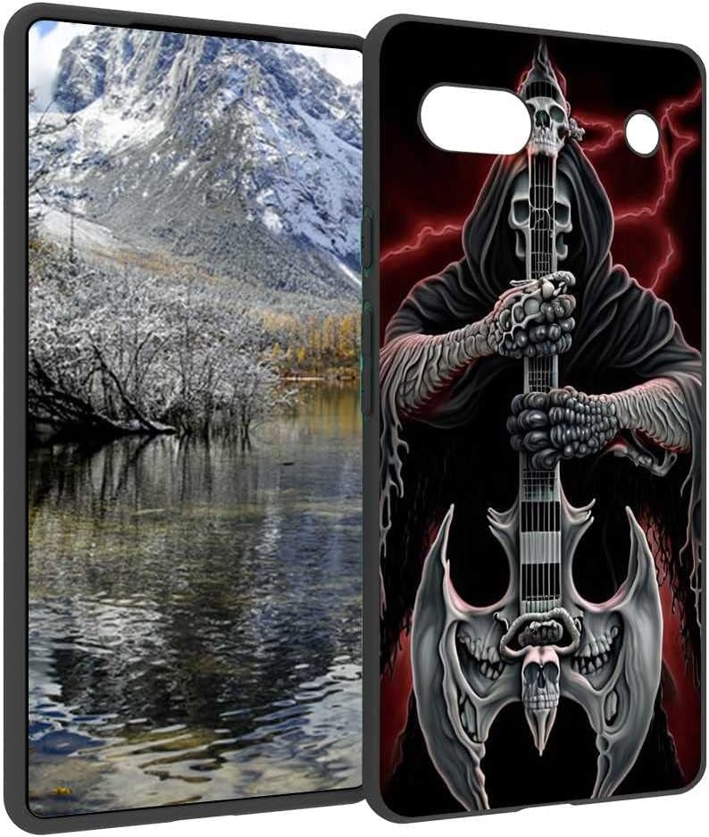 Compatible con Google Pixel 6A, funda de esqueleto de calavera y guitarra de muerte, gráfico aterrador de Halloween para Google Case hombres y