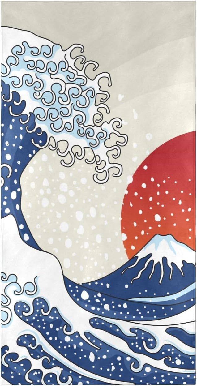 Toalla de playa de 30 x 60 pulgadas, estilo vintage, con ondas japonesas, puesta de sol, toalla grande para mujeres de viaje