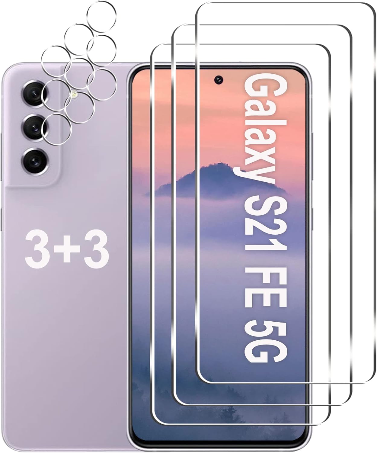 Paquete de 3 + 3 Protector de pantalla para Galaxy S21 FE 5G + protector de lente de cámara, película de vidrio templado HD, dureza 9H, resistente a