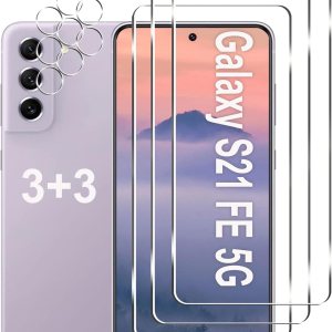 Paquete de 3 + 3 Protector de pantalla para Galaxy S21 FE 5G + protector de lente de cámara, película de vidrio templado HD, dureza 9H, resistente a Paquete de 3 + 3 Protector de pantalla para Galaxy S21 FE 5G + protector de lente de cámara, película de vidrio templado HD, dureza 9H, resistente a