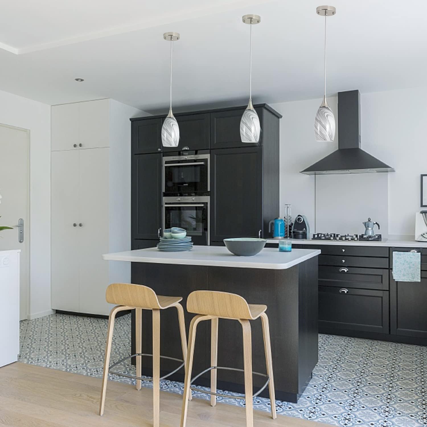 Iluminación colgante de cocina para isla, moderna lámpara colgante Edison con vidrio de arte hecho a mano, soporte de cerámica de núcleo de nailon