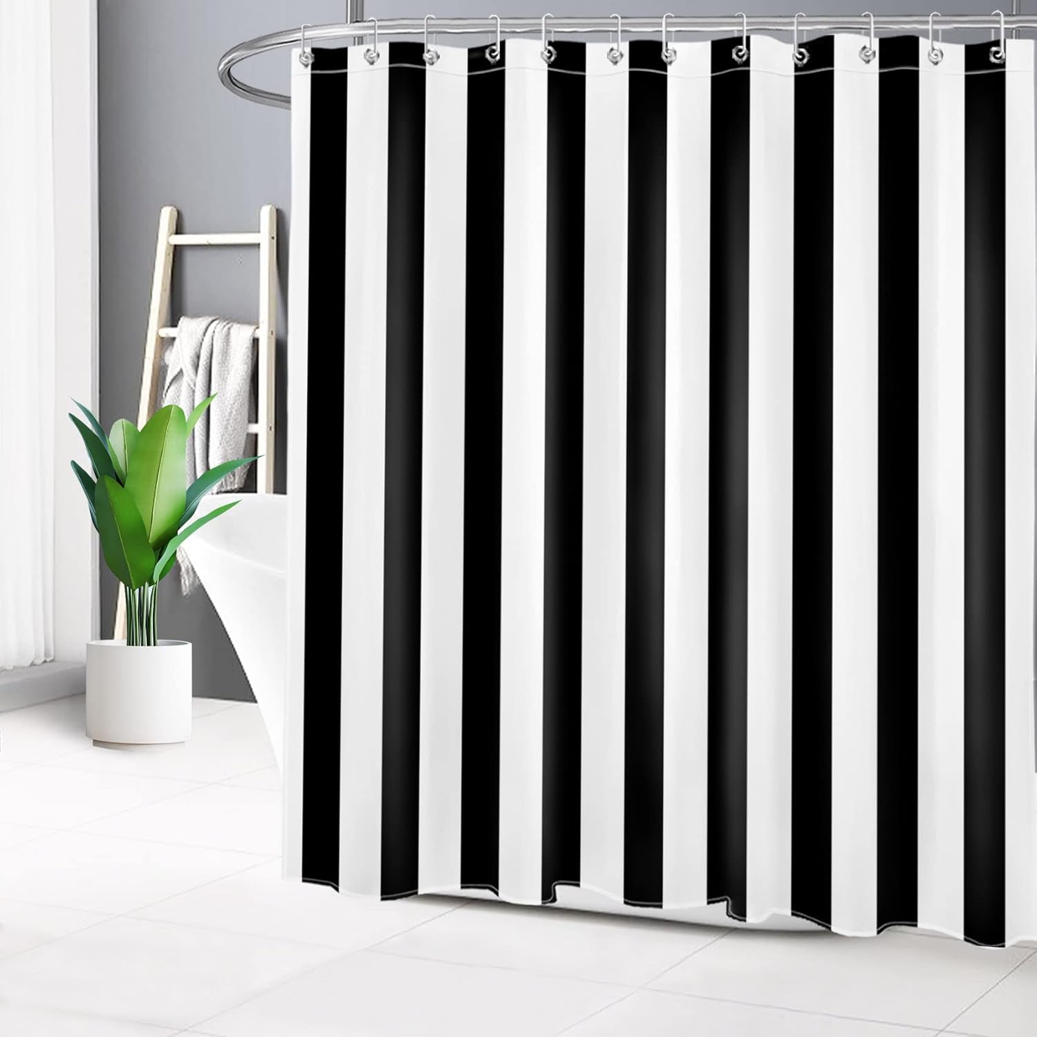 LB Cortina de ducha en blanco y negro, cortina de baño a rayas, tela de poliéster impermeable de 72 x 72 pulgadas, decoración de baño de moda,