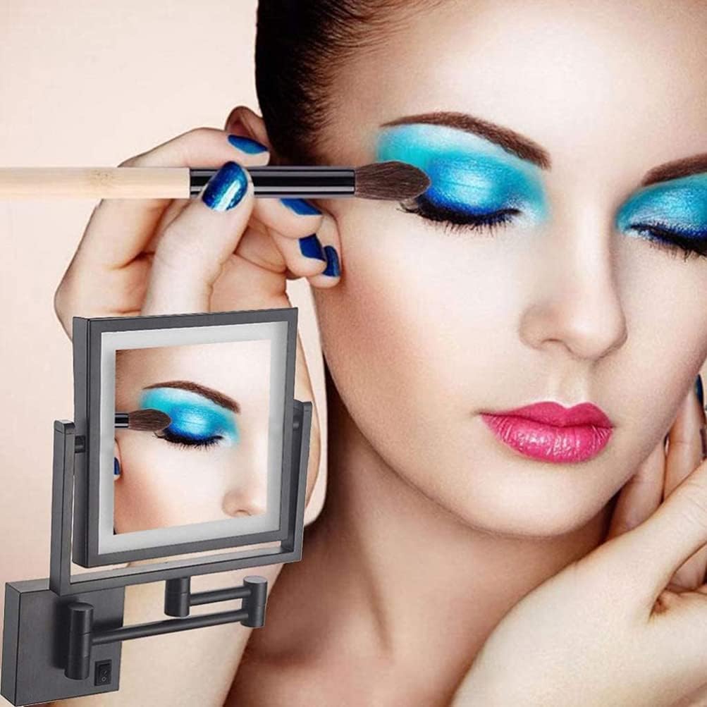 Espejo de maquillaje montado en la pared con luces y aumento 3X, espejo de tocador cuadrados de doble cara de 8 pulgadas con brazo extensible,