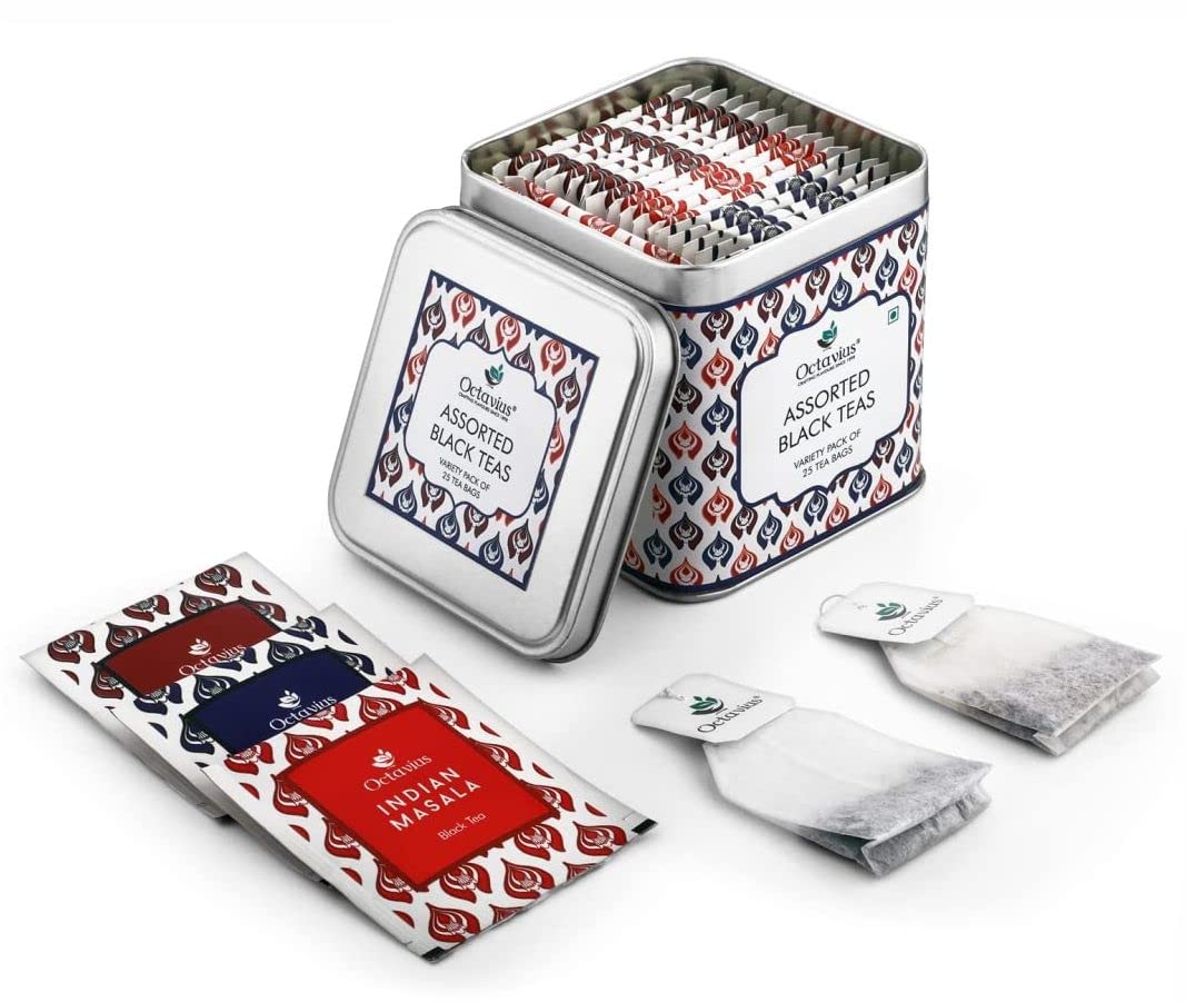Octavius, Set de regalo surtido de muestras de té (3 sabores, 25 bolsas de té)  Paquete de muestra de té negro  Juego de regalo de té (paquete de 1)
