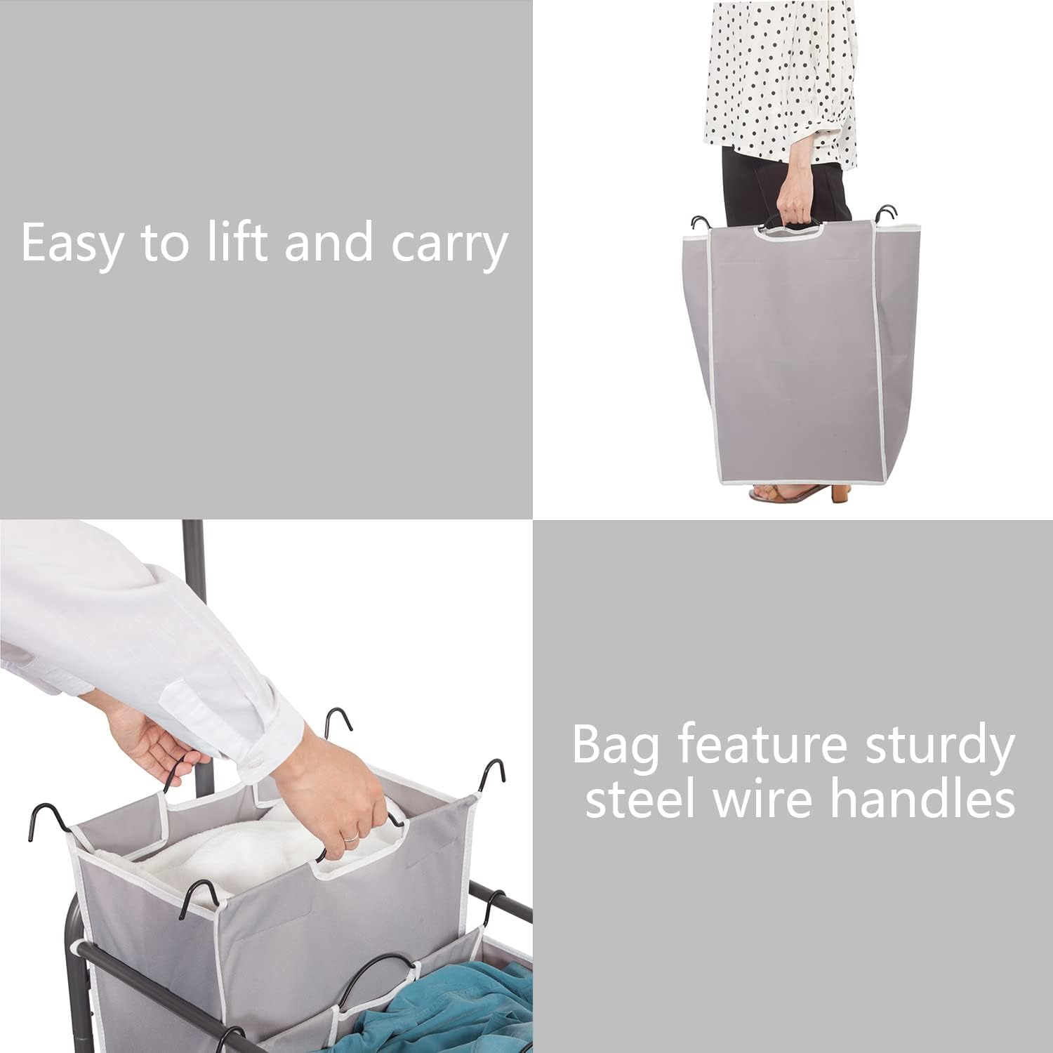 STORAGE MANIAC Clasificador de ropa sucia con barra para colgar, carrito de lavandería con ruedas enrollables resistentes y bolsas extraíbles,