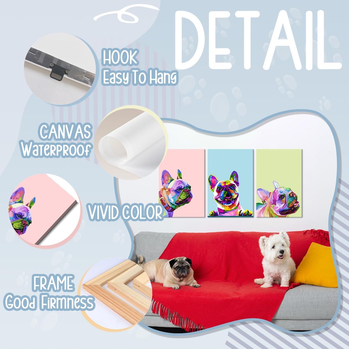 3 piezas de decoración de arte pop de bulldog francés, arte de pared, decoración de habitación de perro, póster de animal, pintura de bulldog