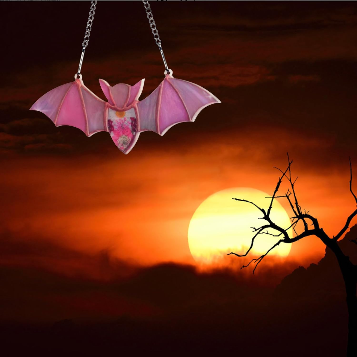 U-MOJOK Atrapasoles de murciélago rosa para ventanas, atrapa el sol manchado de murciélagos para decoración de Halloween, decoración de pared de