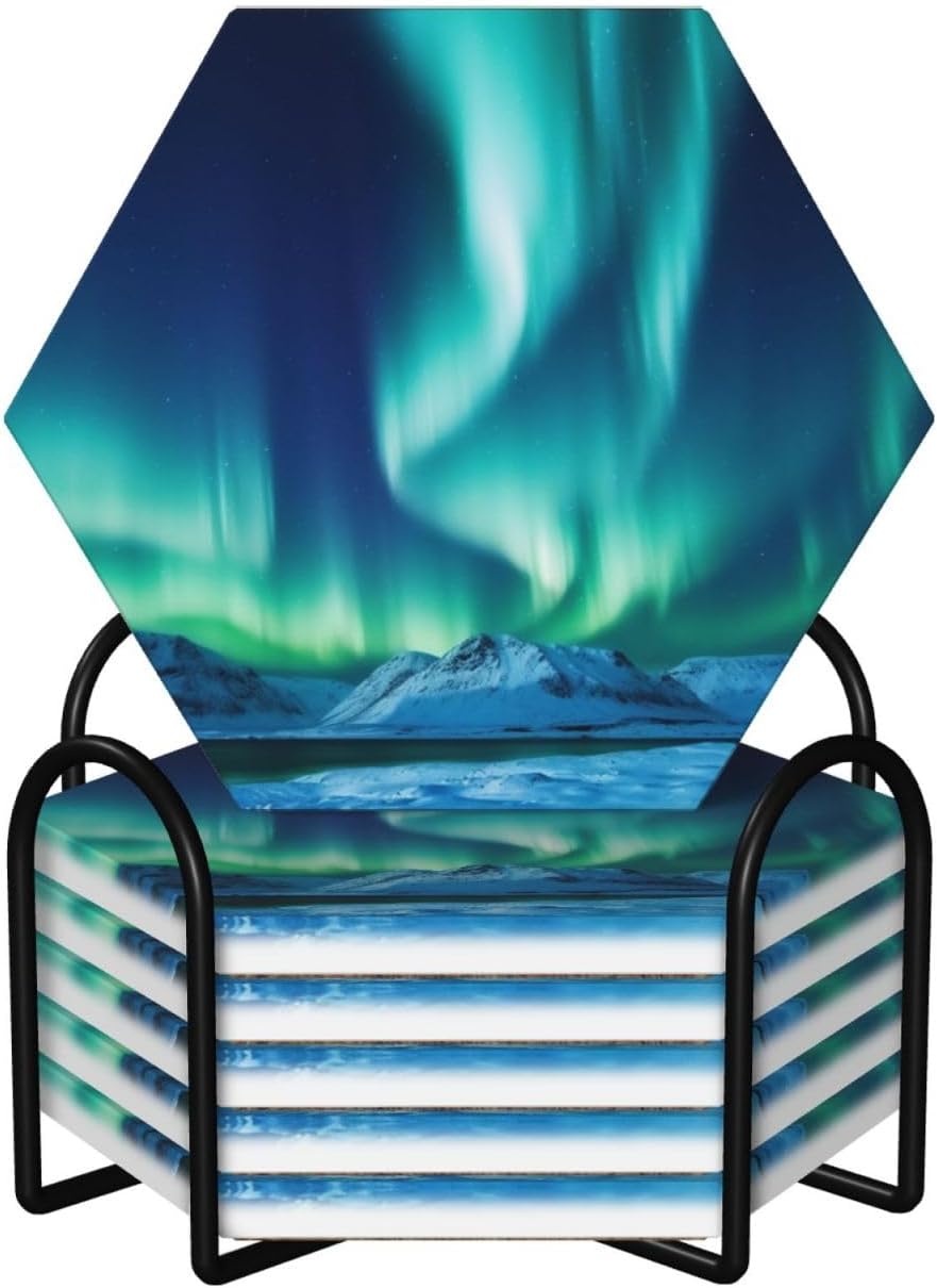 BTCOWZRV Juego de 6 posavasos de cerámica con soporte de metal para bebidas Northern Lights para bebidas, soporte de corcho, posavasos de piedra