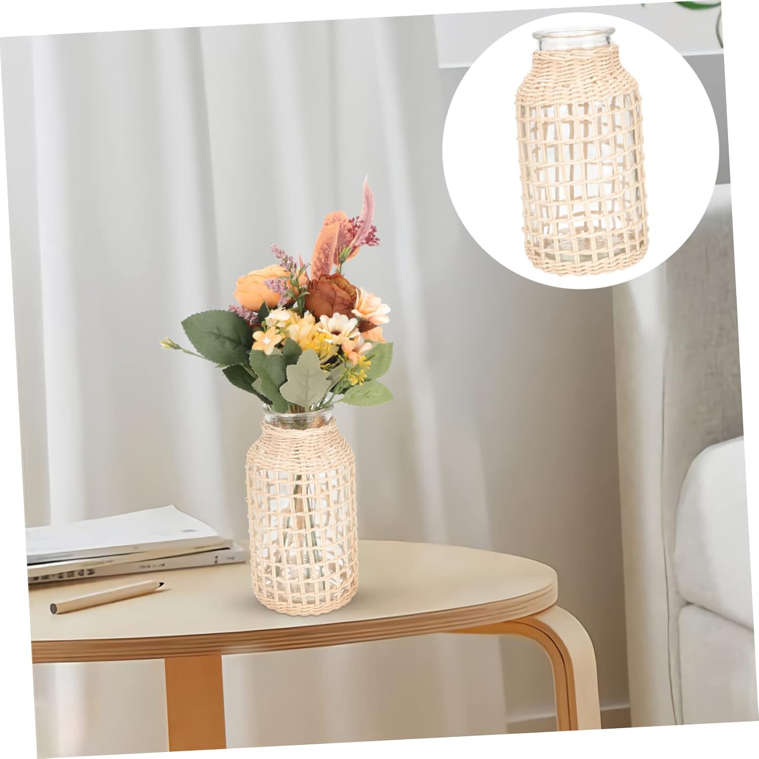 IMIKEYA 2pcs Rattan Glass Vase Woven Planter Basket Rattan Planter Rattan Flower Pots Glass Floral Vase Clay Vase Seagrass Plant Basket Glass Vase