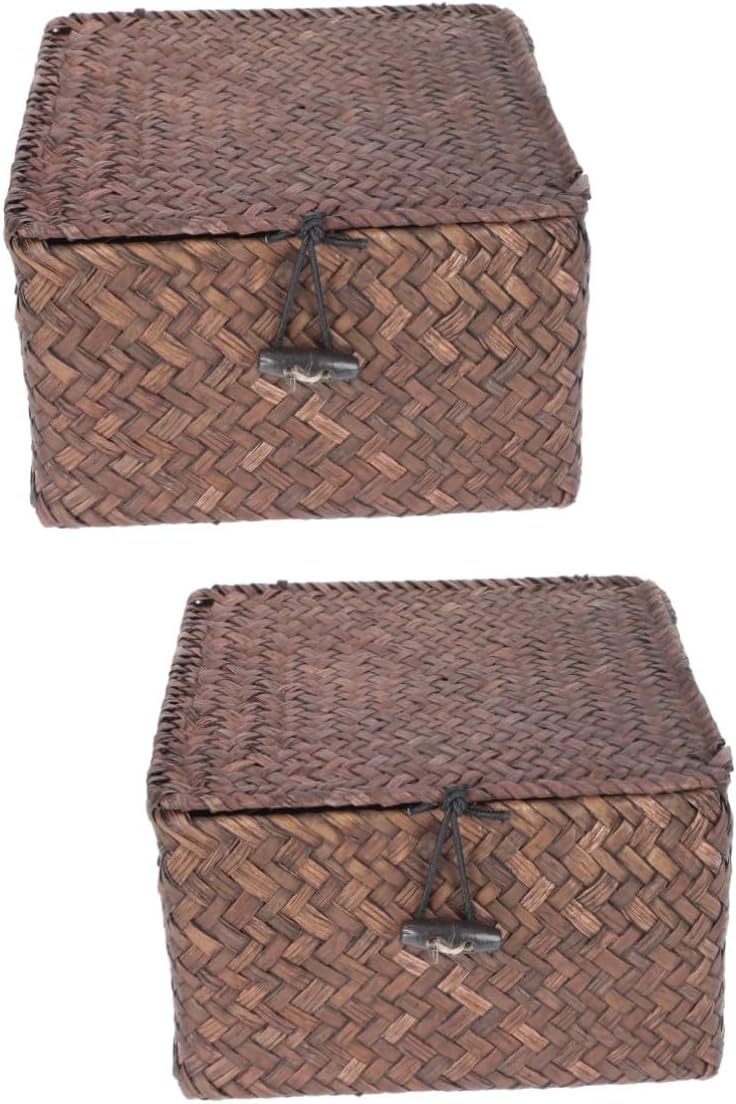 STOBAZA Caja de almacenamiento tejida a mano, cesta decorativa de ratán, cesta de almacenamiento de pastos marinos, cesta de mimbre con tapa, cesta