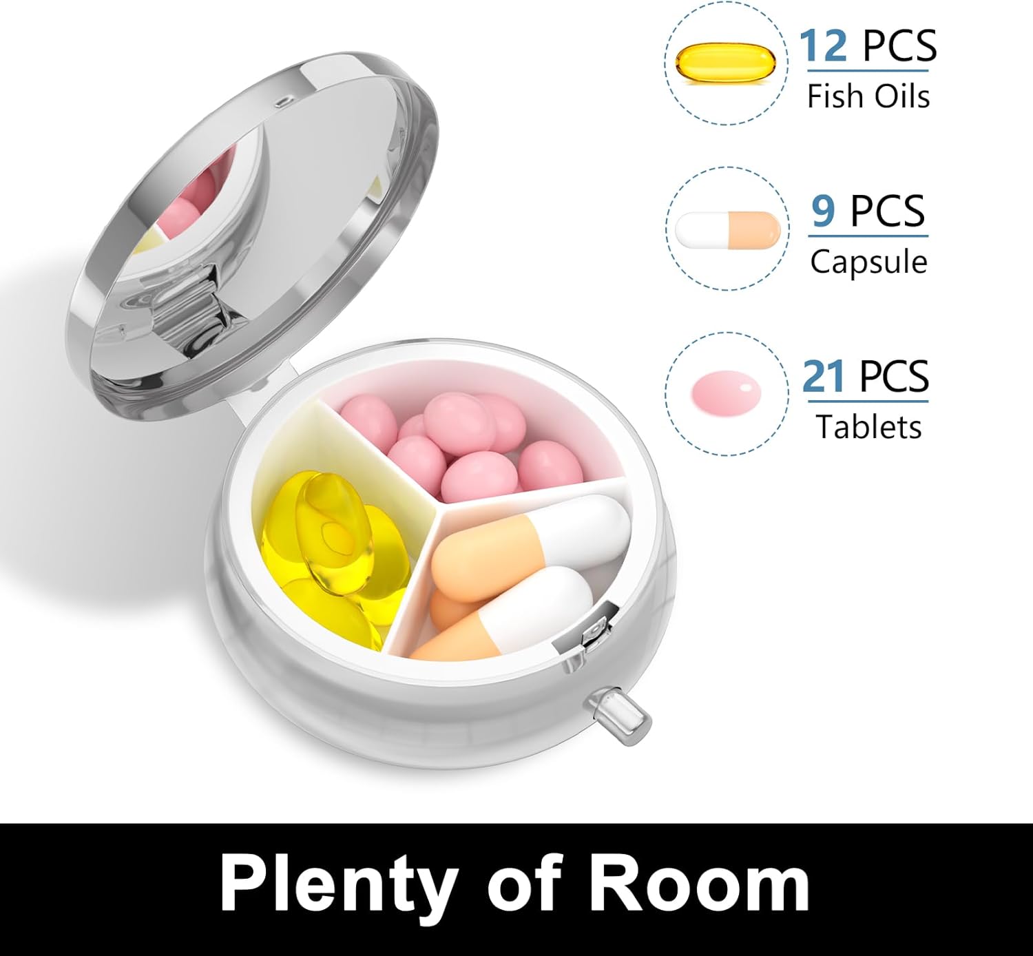 Rouidr Pastillero, 3 compartimentos, caja de píldoras medicinales, pequeña caja de medicina de viaje de metal para bolso y bolsillo, plata, flor de