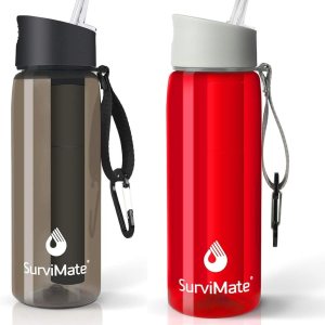 SurviMate Botellas de agua filtradas negras y rojas SurviMate Botellas de agua filtradas negras y rojas