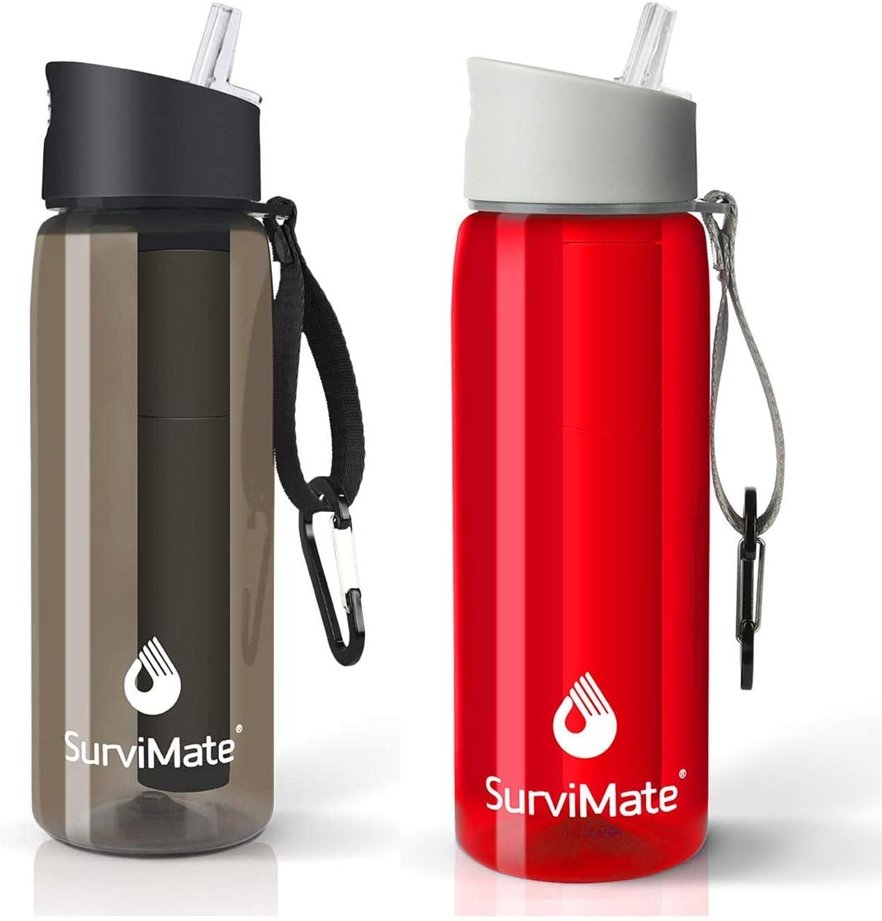 SurviMate Botellas de agua filtradas negras y rojas