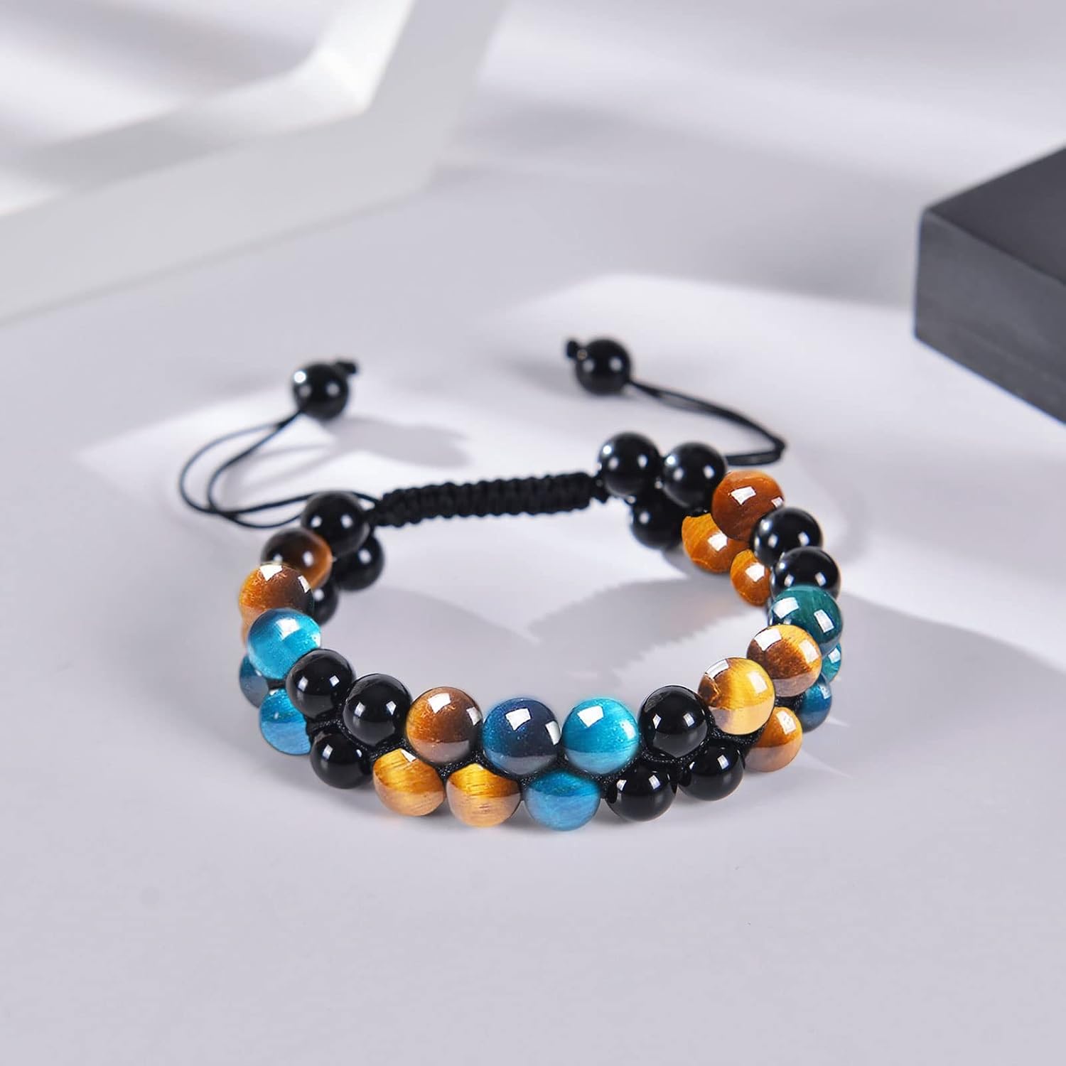 Beaded Bracelets for Men and Women Triple Protection Spiritual Healing Natural Yellow Blue Tiger Eye and Black Obsidian 8mm Stone Bead Energy