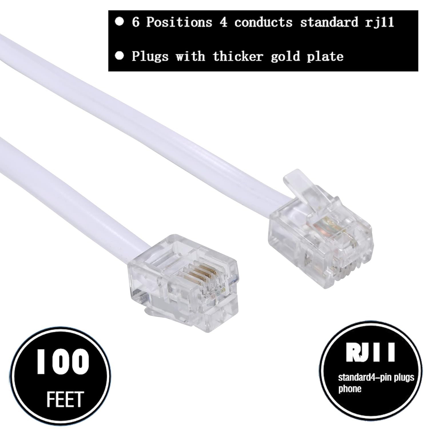 Cable de extensión de teléfono de 100 pies de largo, con enchufe RJ11 estándar y 1 acoplador en línea y 35 soportes de clip para cables, color blanco