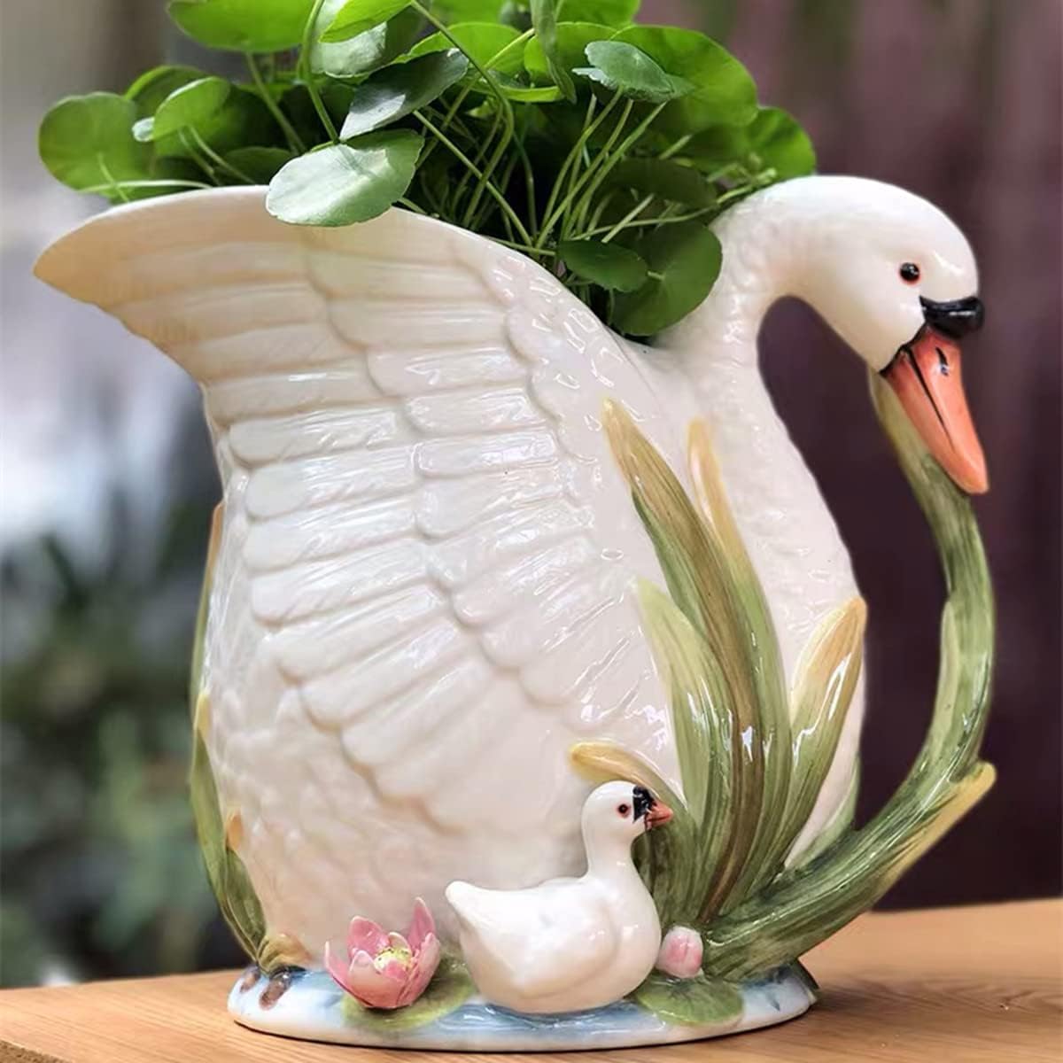 FORLONG Jarra de cerámica para agua, diseño de cisne blanco pintado a mano, soporte para ramo de decoración del hogar, 8 pulgadas de alto