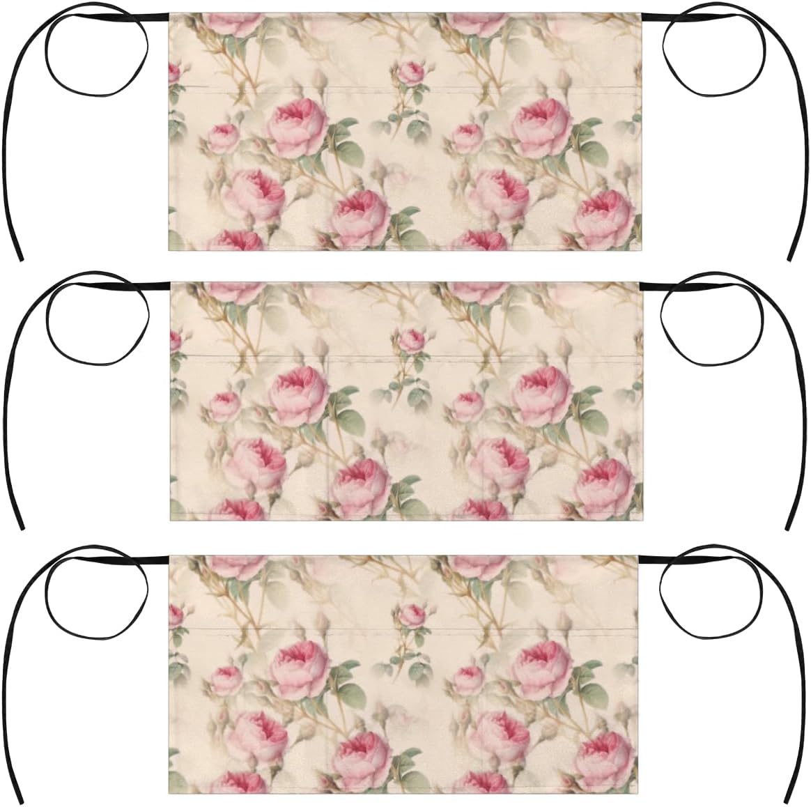 bisibuy 3 Pocket Waist Apron, Pack of 3, Floral Fower Retro Server Short Apron for Men Women, Kitchen, Restaurant, Cafe Delantales De Mesera Para