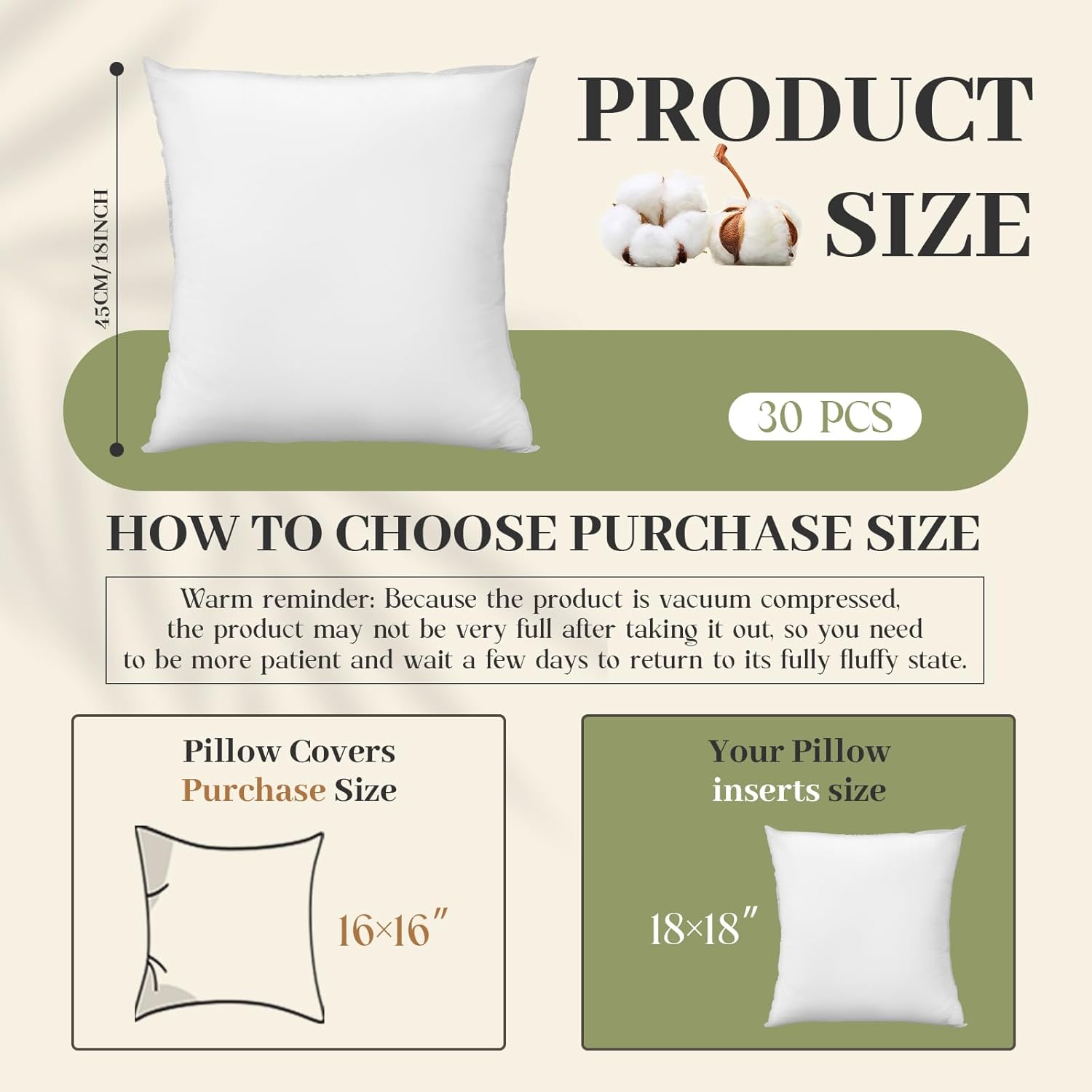 Paquete de 30 rellenos de almohada de 18 x 18 pulgadas, juego de almohadas cuadradas blancas a granel para cama y sofá, decoración para el día de