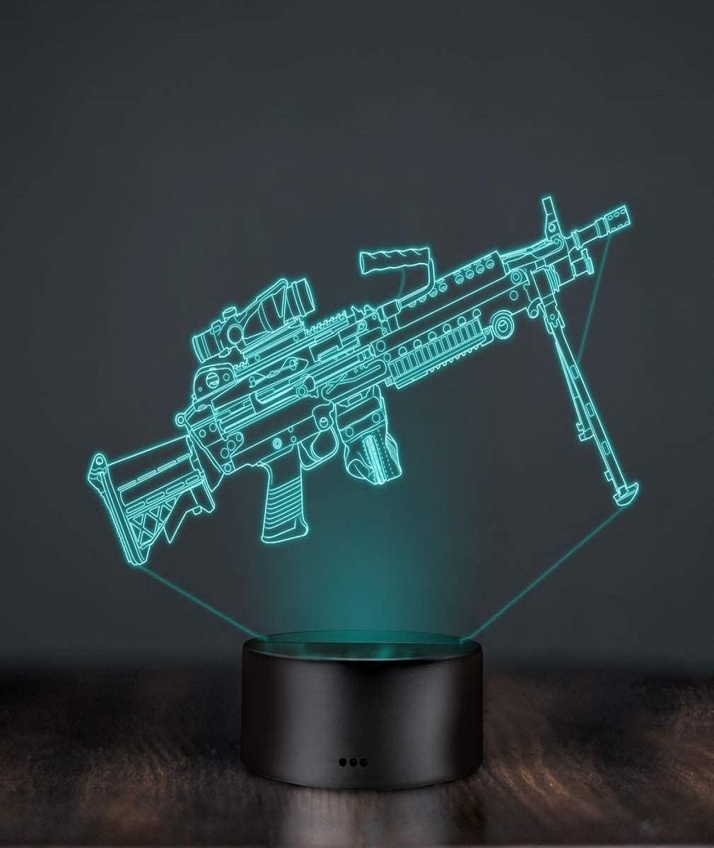 Ametralladora 3D con control remoto de 16 colores, luces nocturnas ilusión de acrílico LED lámpara de mesita de noche para niños, decoración de