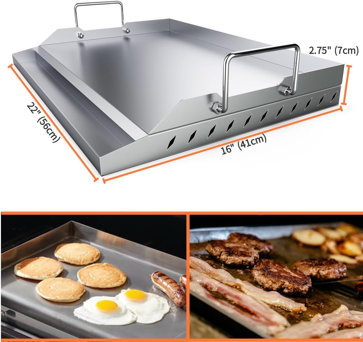Plancha de acero inoxidable para parrilla Plancha de parrilla superior plana para parrilla de gascarbónahumador 22 x 16 pulgadas con asas