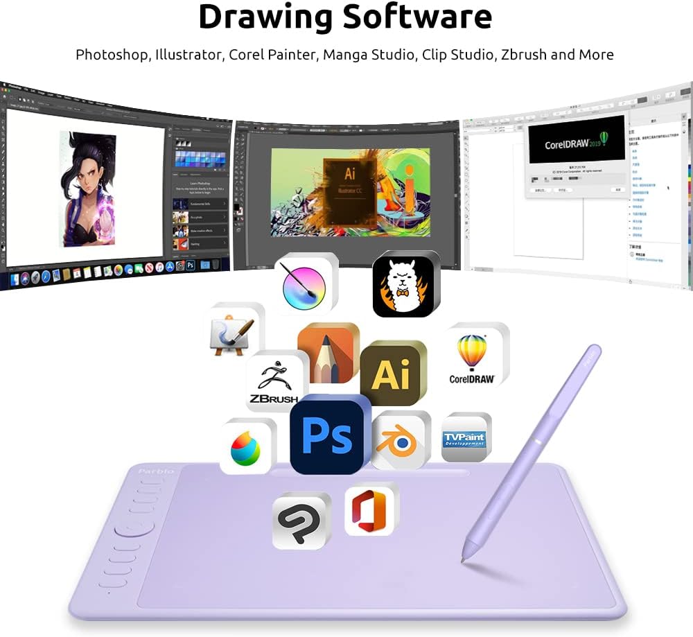 Parblo Intangbo M – Tableta de dibujo de 10 x 6 pulgadas, tableta gráfica digital con 8192 niveles, lápiz capacitivo sin batería y 8 teclas de