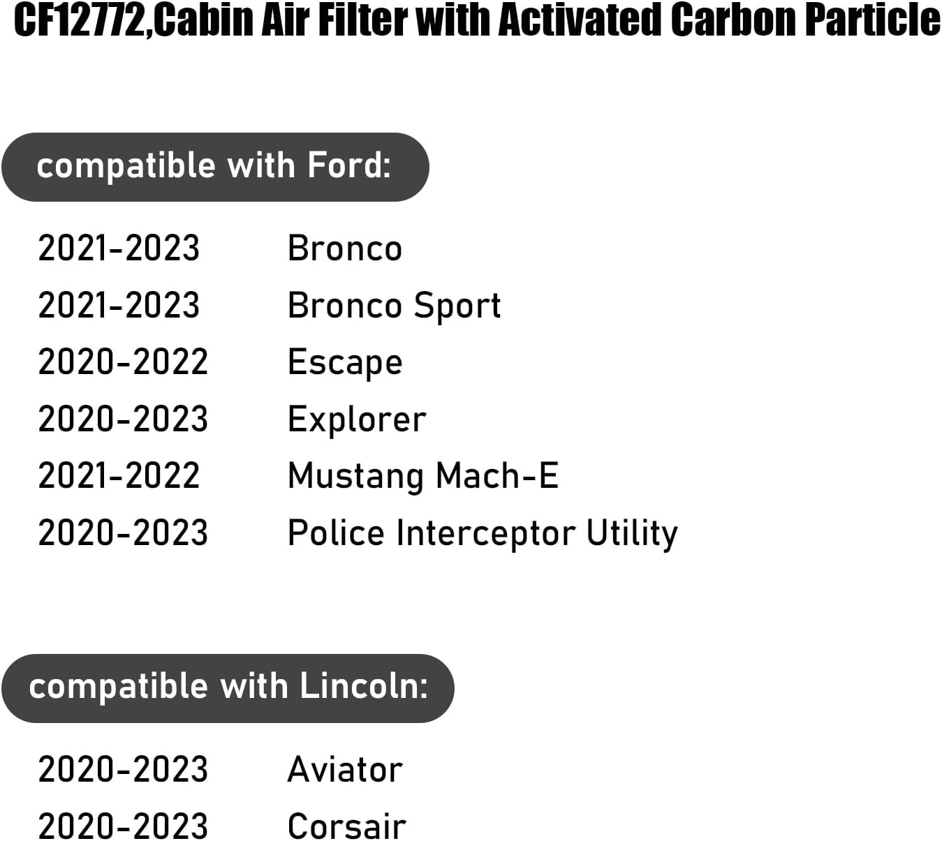CF12772, filtro de aire de cabina con partículas de carbón activado para Ford, Bronco 2021-2023, Bronco Sport 2021-2023, Escape 2020-2022,